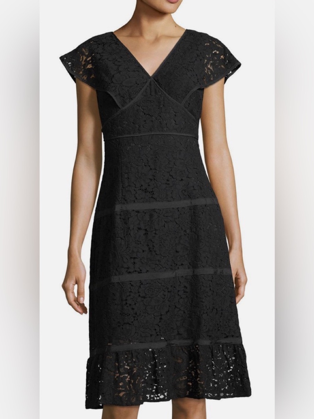 $169 NWT NANETTE LEPORE Sz16 CAP SLEEVE FLOUNCE HEM SHEATH LACE DRESS BLACK